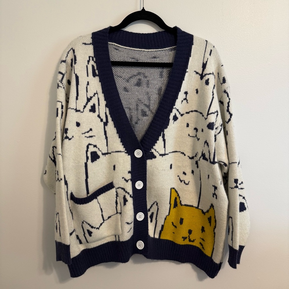 Oversized Button Down V-Neck Knit Cardigan Cute Kawaii Cat Print